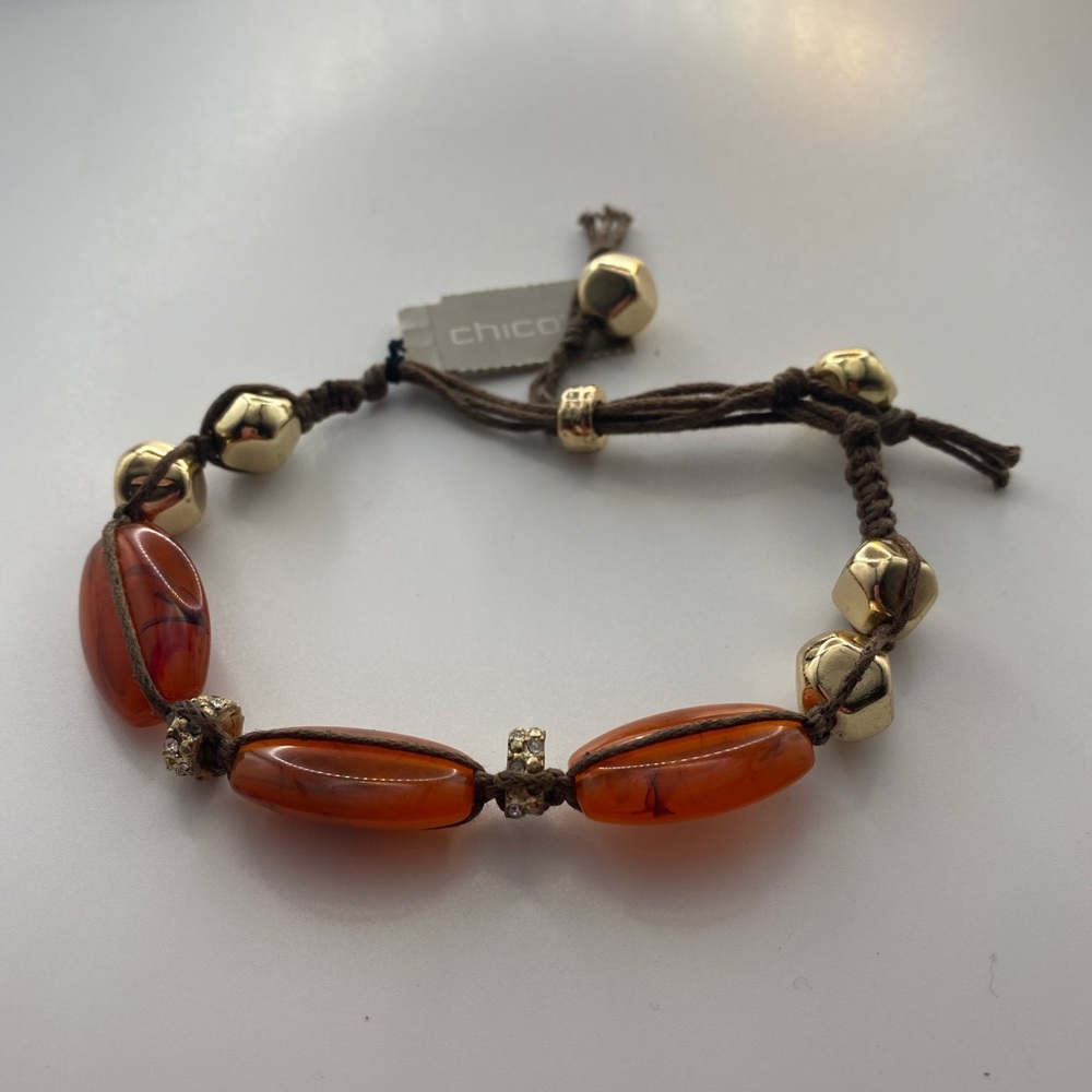 Chico's Amber Colored Brown and Gold Bohemian Macrame Bracelet NWT Adjustable - Picture 1 of 5